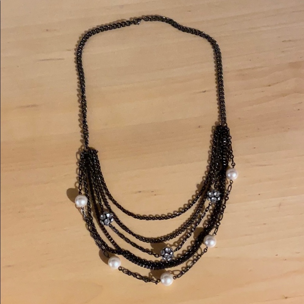 Black multichain necklace “pearls” & rhinestones